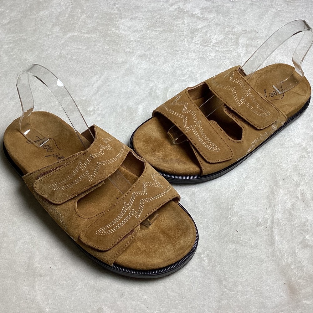 Free People Suede Western Slide Sandals Tan Suede Contrast Stitch Women's EU 39